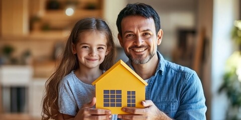 Happy family holding a paper model of a house with solar panels, highlighting the concept of alternative energy, resource conservation, and sustainable living, Generative AI