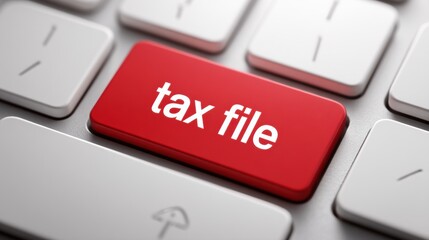 Fototapeta premium Online tax service. Red keyboard key labeled 'tax file', symbolizing digital tax management.