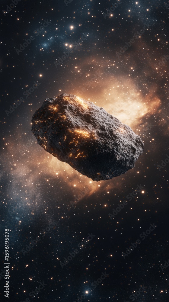 Poster large asteroid burning and emitting light while traveling through the vastness of space and a distan