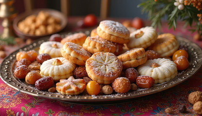 Deliciously decorated cookies and dates on a decorative plate
