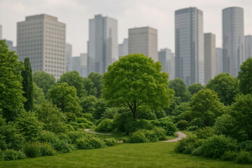 Green park with a winding path, set against a backdrop of city buildings and a cloudy sky.