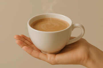 A hand gently holds a warm mug of coffee with steam swirling in the air.