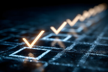 Ethical Ai compliance concept. Digital checkmarks glowing on a blue grid background.