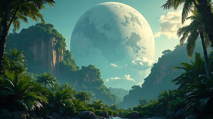 Serene alien landscape with giant moon and lush jungle