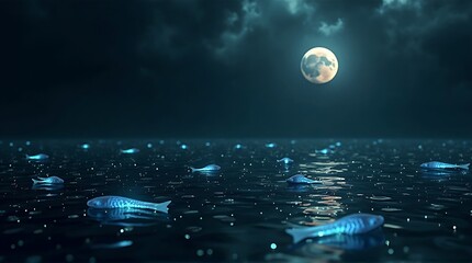 Glowing sea creatures in ocean at night