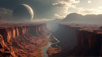 Dramatic alien canyon landscape with river and moon