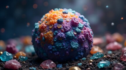 Vibrant colorful virus particle on dark surface