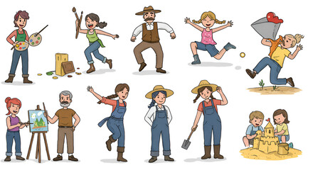 Diverse group of people engaged in various activities cartoon illustration style