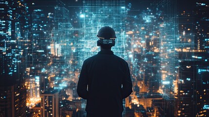 Engineer on construction site using 5G to download architectural plans and 3D models in real-time 