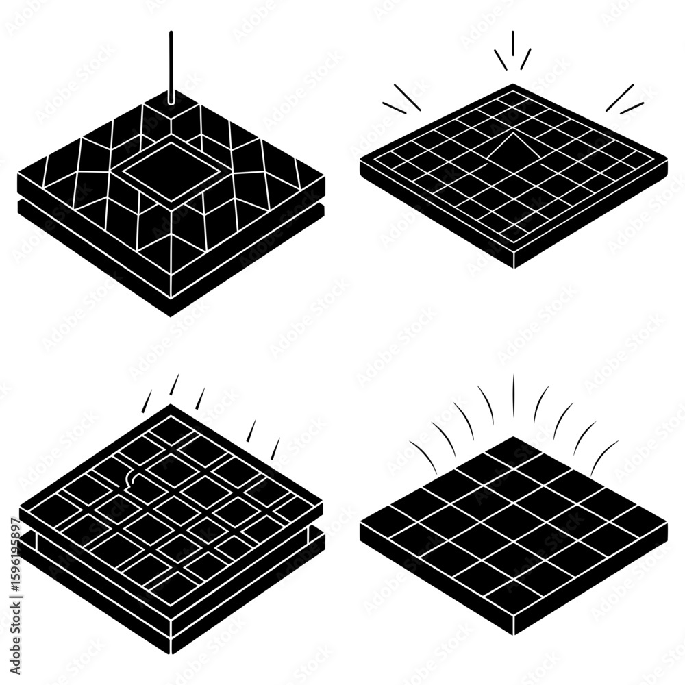 Poster isometric illustrations showing different states of a square grid with light rays emanating from it