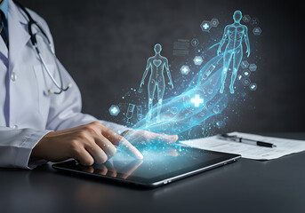 A doctor uses a tablet to interact with holographic medical visualizations, showcasing futuristic healthcare technology.