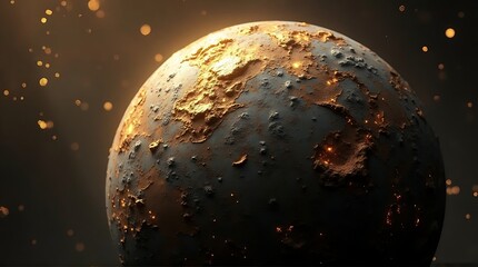 Golden planet in space with glowing particles