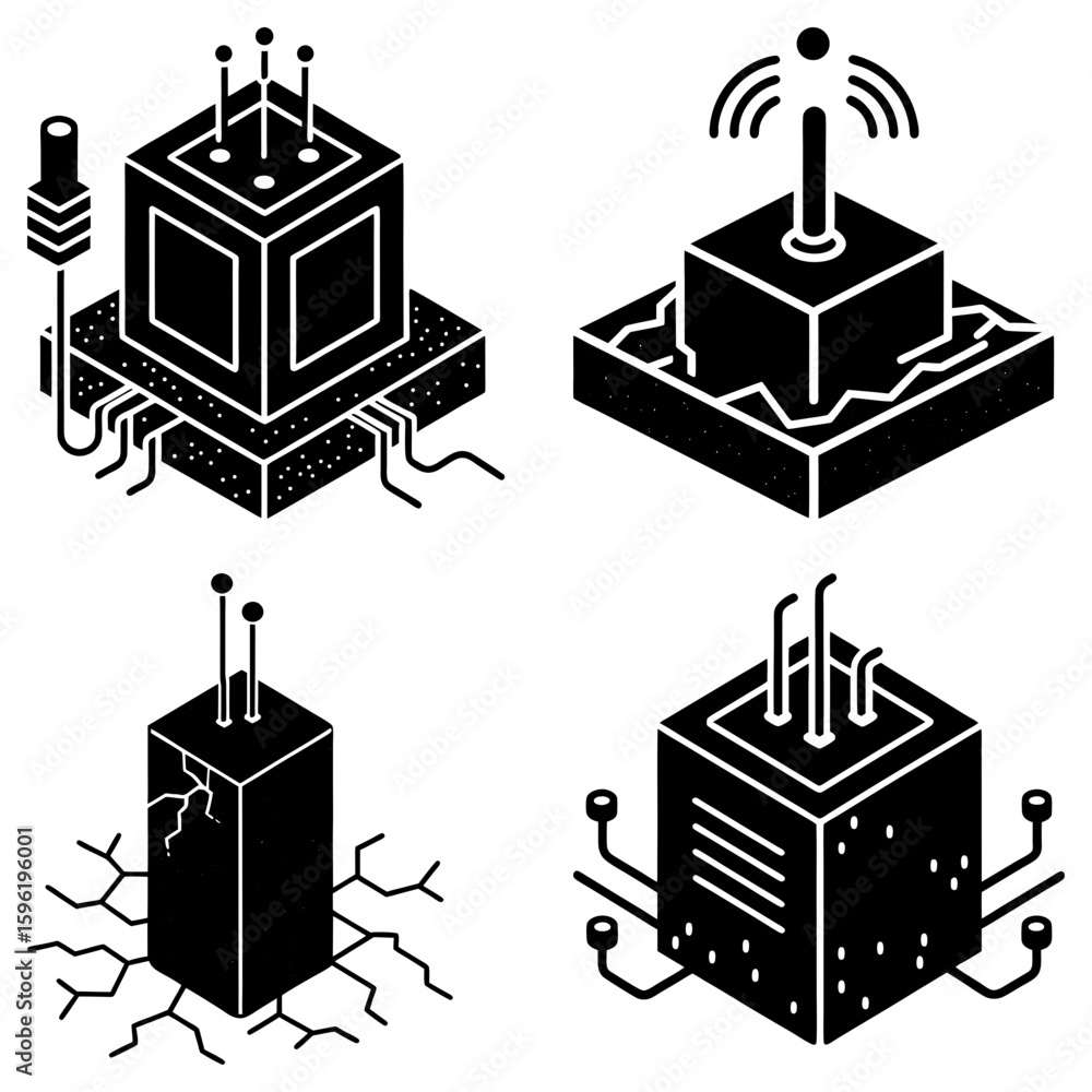 Poster illustration of four isometric blocks representing technology concepts and connectivity solutions in