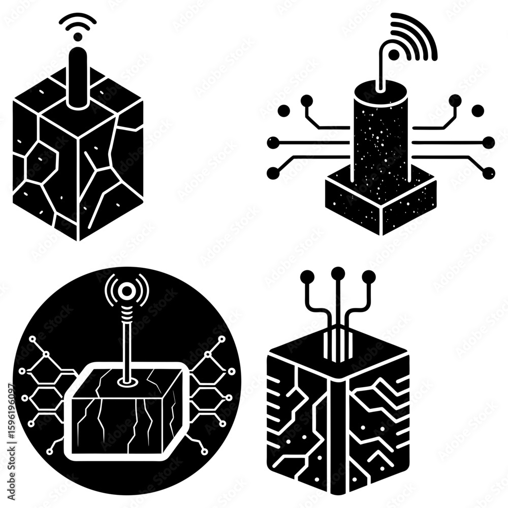 Poster four black and white digital cubes with antenna and circuit patterns in different configurations des