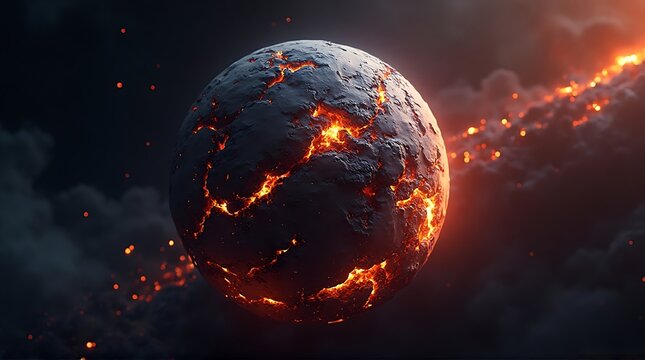 A celestial body, possibly a planet, is engulfed in fiery volcanic activity.