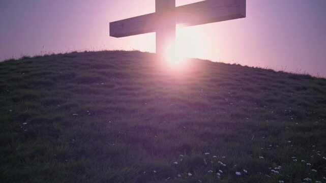 Arafed Cross Glowing Against a Purple Sunset Sky Inspiring Easter Evening Scene for Tranquil Projects, Ideal for Branding and Social Media Campaigns.