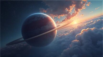 A stunning planet with rings in the cosmos at sunset