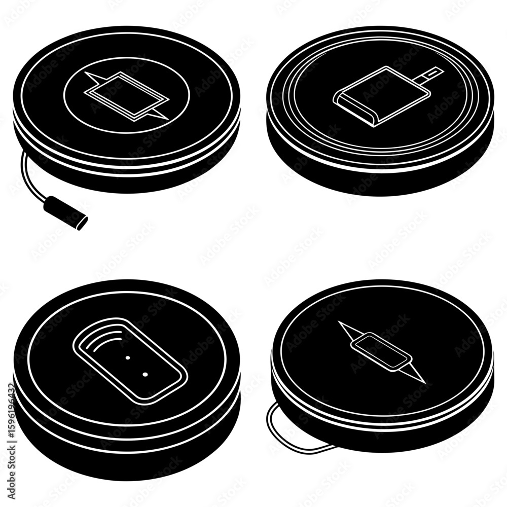 Poster Four black circular devices with rectangular features arranged in a square format on white background