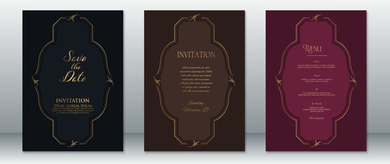 Luxury wedding invitation set with golden ornamental borders on navy, chocolate brown, and wine-red backgrounds. Features refined calligraphy and classic composition.