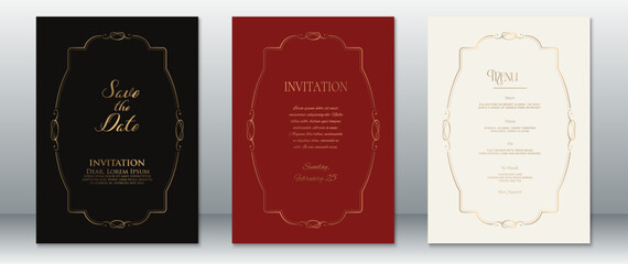 Stylish wedding invitation and menu card set in black, wine-red, and ivory cream tones. Decorated with minimalist vintage gold borders and luxury typography for upscale formal events.
