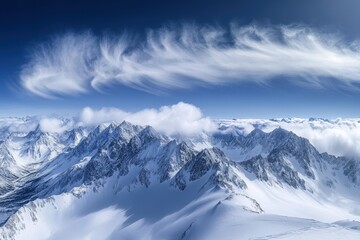 Fototapeta premium Snowy mountain peaks rise above clouds in a vast landscape.