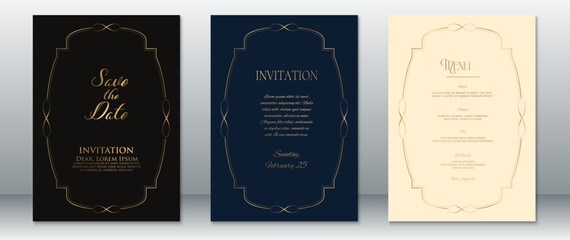 Elegant wedding card and menu template set featuring thin gold frames with minimalist curves. Designed in classic black, navy, and ivory tones-perfect for upscale weddings and formal events.