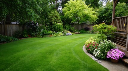 Fototapeta premium Beautifully Landscaped Backyard Garden / 美しく整えられた裏庭のガーデン風景