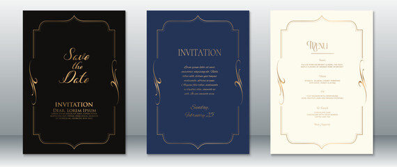 Stylish wedding invitation and menu set with thin golden frame, curved ornamental corners, and luxury script text. Features black, navy, and ivory backgrounds.
