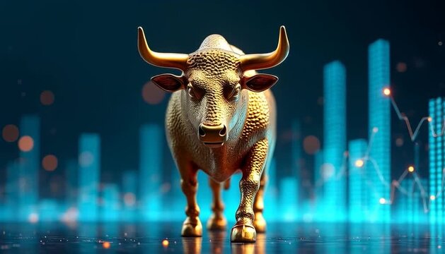 A majestic golden bull statue represents economic prosperity, standing firm amidst digital financial data charts and glowing investment market graphs.