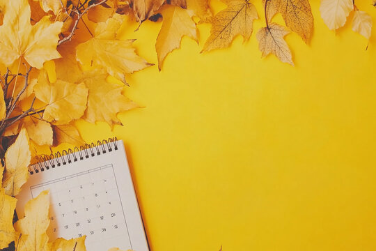 Yellow background autumn leaves calendar planning fall schedule