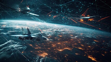 Exhibition of modern military assets, featuring jets, ships, satellites, and data connections. 