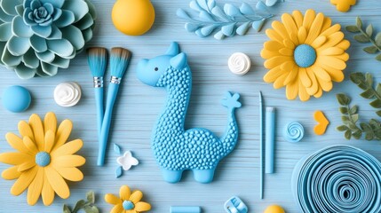 Colorful craft supplies,  decorative unicorn,  floral accents