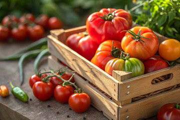 Ripe vibrant tomatoes in wooden crate with fresh organic garden produce