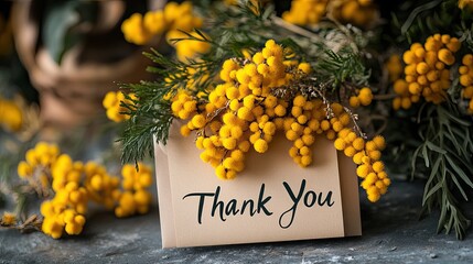Envelope with mimosa flowers and a "Thank You" message, symbolizing gratitude and warmth 