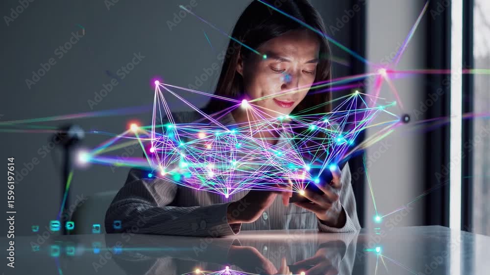 Poster closeup of individual scanning computer image on smartphone for digital marketing projects, boosting