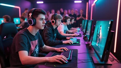 Gamers focused in glowing esports arena with screens and headsets