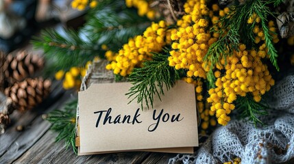 Envelope with mimosa flowers and a "Thank You" message, symbolizing gratitude and warmth 