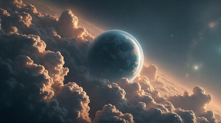 Planet Rising Above Clouds at Sunset