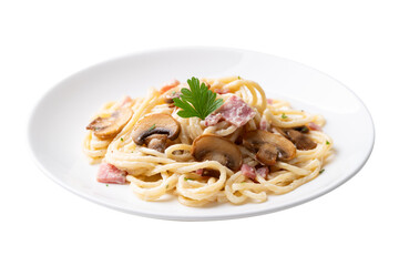 Spaghetti carbonara with ham, bacon and champignon mushroom on plate, Italian food