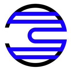 Minimalist abstract symbol with thick blue lines forming a circuit-like flow inside a black circle, modern and futuristic design.