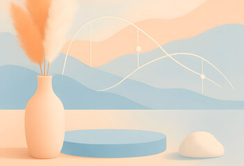 Minimal Abstract Pastel Landscape with Pampas Grass and Geometric Elements