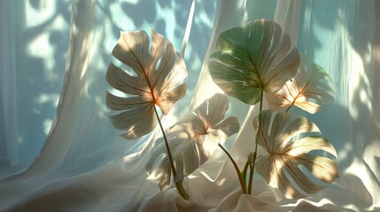 Monstera Leaves in Sunlight Through Sheer Curtains