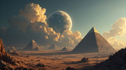 Pyramids under a large moon in a desert landscape