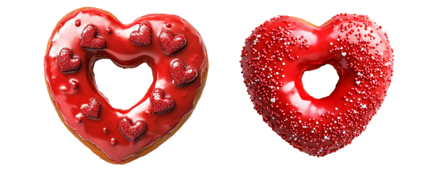 Set of Heart shaped donut decorated with red glaze and sprinkles isolated on white transparent background. Symbol of love and Valentine's Day treats