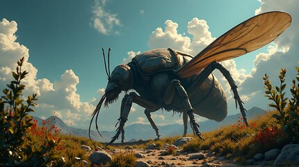 Giant insect on a sunny hillside