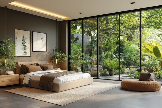 Illustration of a modern bedroom with large French windows, created with advanced technology, reflecting contemporary design and comfort, Generative AI