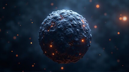 Glowing Dark Planet in Space with Orange Lights