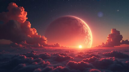 Vibrant Sunset on Cloudy Horizon with Large Moon