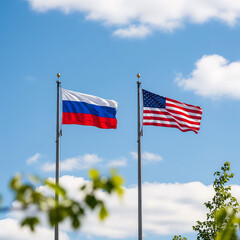 The flags of the United States and Russia are mounted on poles against a blue sky background.