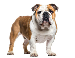Obraz premium A sturdy bulldog with a brown and white coat stands confidently, gazing directly at the viewer.